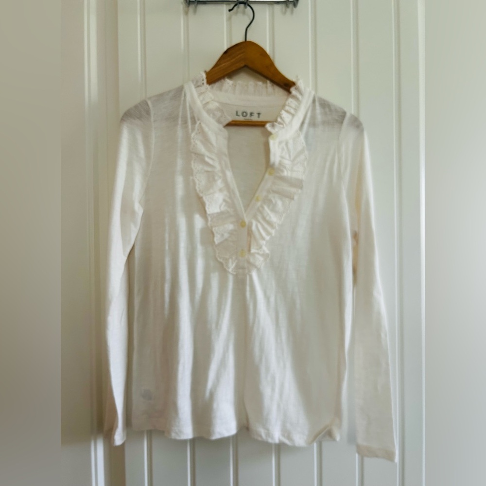 Loft white cotton ruffle neck top NWT